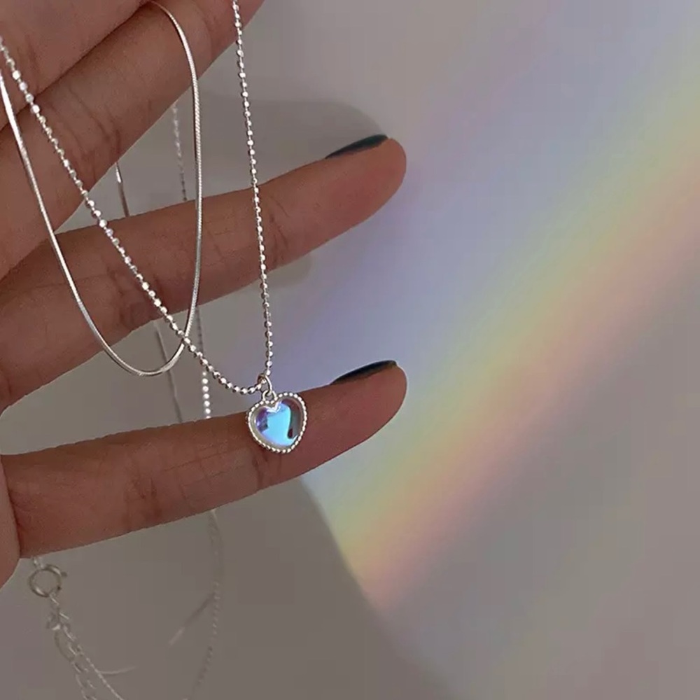 Sterling silver double chain Moon heart stone necklace